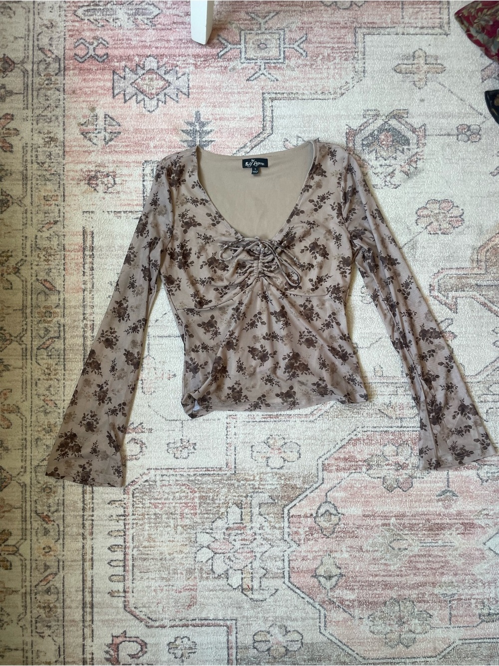 Self Esteem Brown Boho Floral Long Sleeve Sheer Ruched Too Womens S